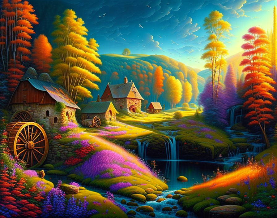 Colorful Watermill Landscape with Autumn Trees and Cottage