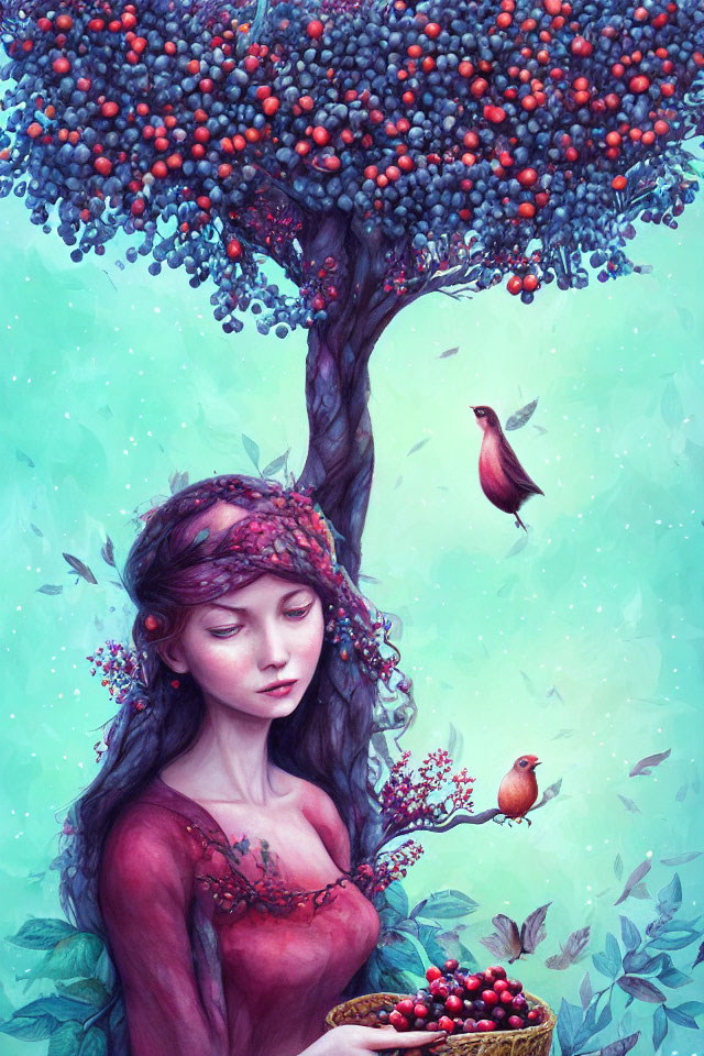 Illustration of a woman with tree growing from head and birds, blue and red berries