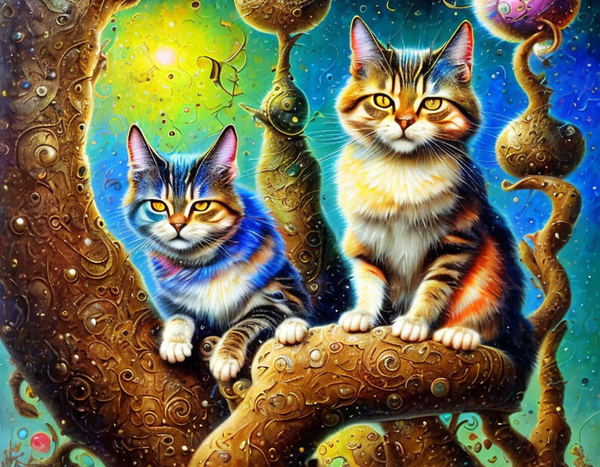 Colorful Cats with Intricate Fur Patterns on Whimsical Tree Branch