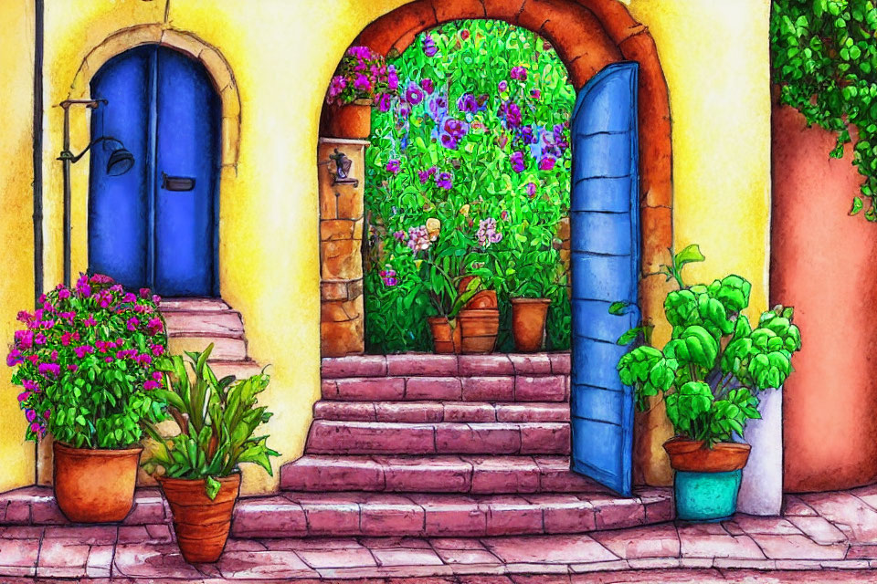 Vibrant Watercolor of Courtyard with Archways and Flowers