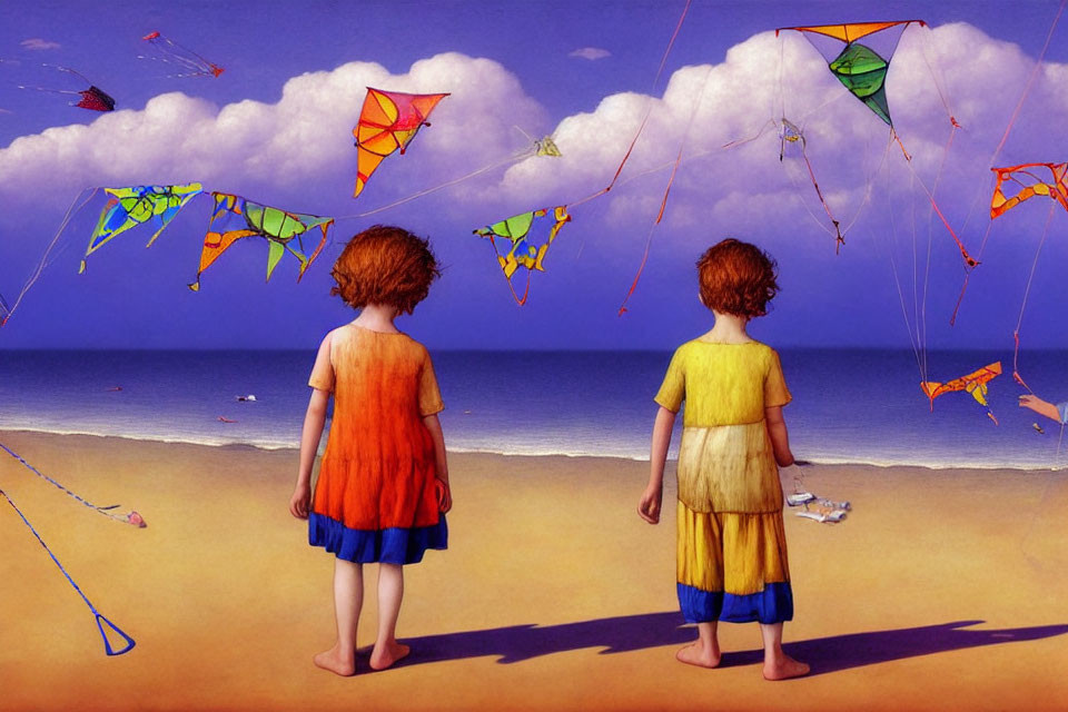 Two red-haired children in colorful outfits on a sandy beach with colorful kites in the sky