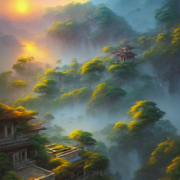 Sunrise over misty mountains with Eastern architecture and lush greenery.