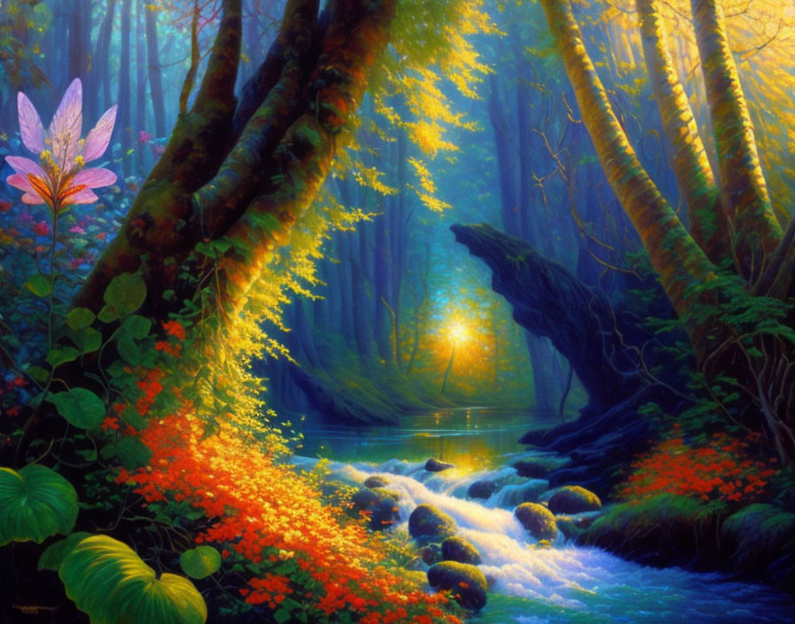 Colorful forest scene with stream and sunlight filtering through trees