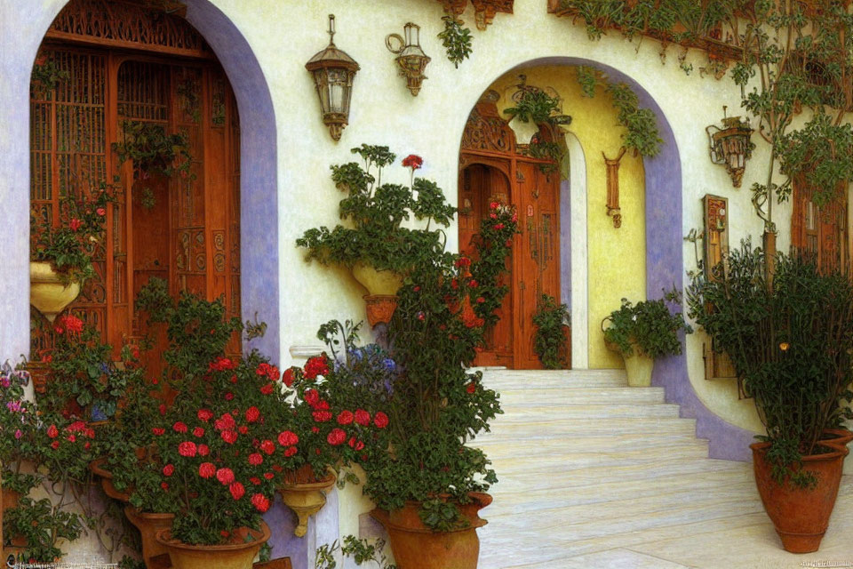 Courtyard with Flowering Pots, Wooden Door, Arched Entryways, and Lanterns