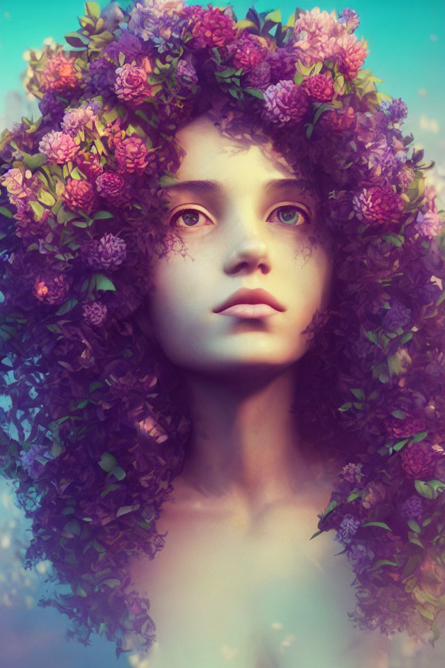 Surreal portrait: person with vibrant purple flower crown on dreamy blue background