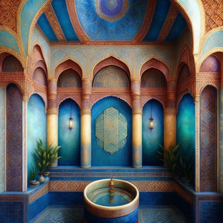 Intricate Moroccan-style room with fountain and blue tile work