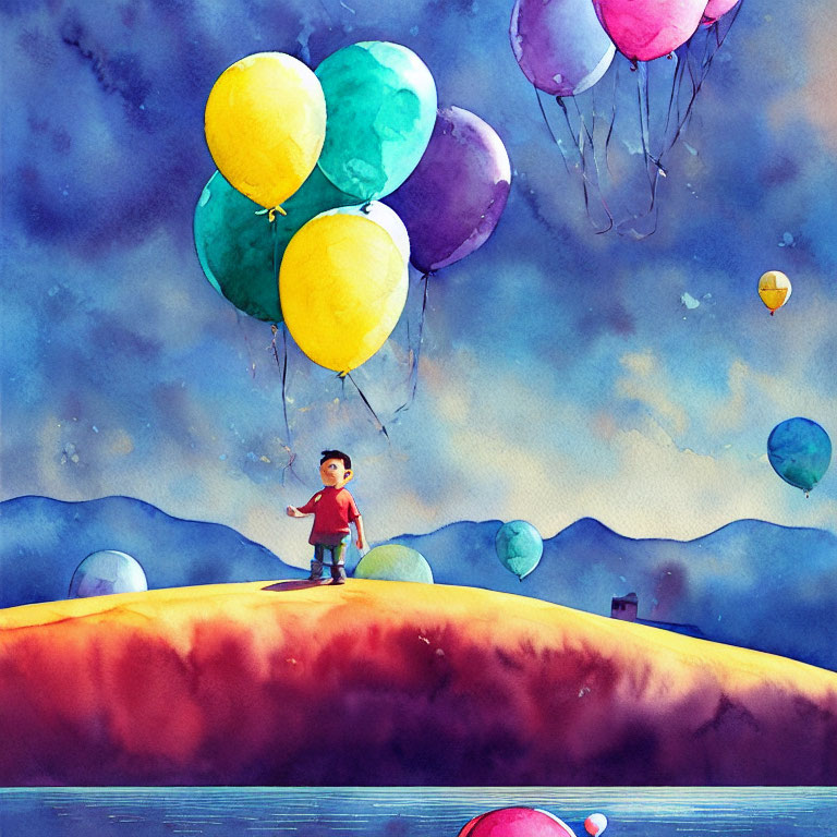 Child with balloons on hill under twilight sky in watercolor