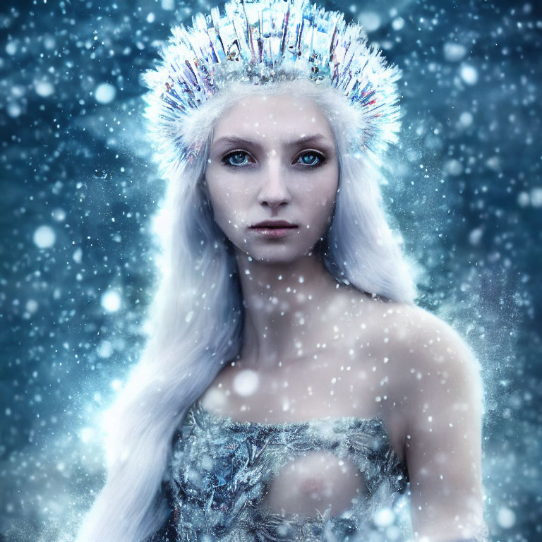 White-haired woman with crystal crown in snowfall