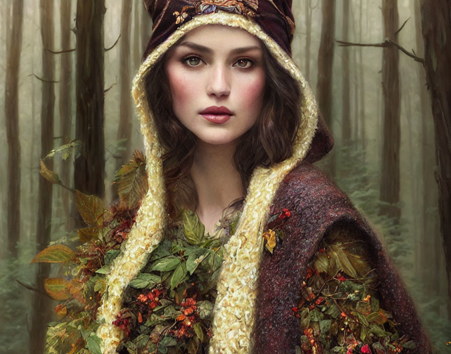 Woman in Hooded Cloak with Leaves and Berries in Misty Forest