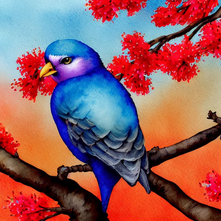 Colorful bird on branch with blossoms in watercolor scene