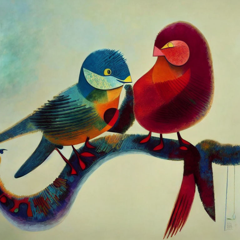 Colorful Birds with Human-Like Eyes Perched on Branch in Artistic Painting