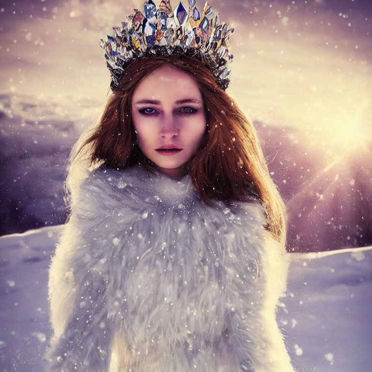 Regal woman in crown and fur cloak in snowy landscape with warm light