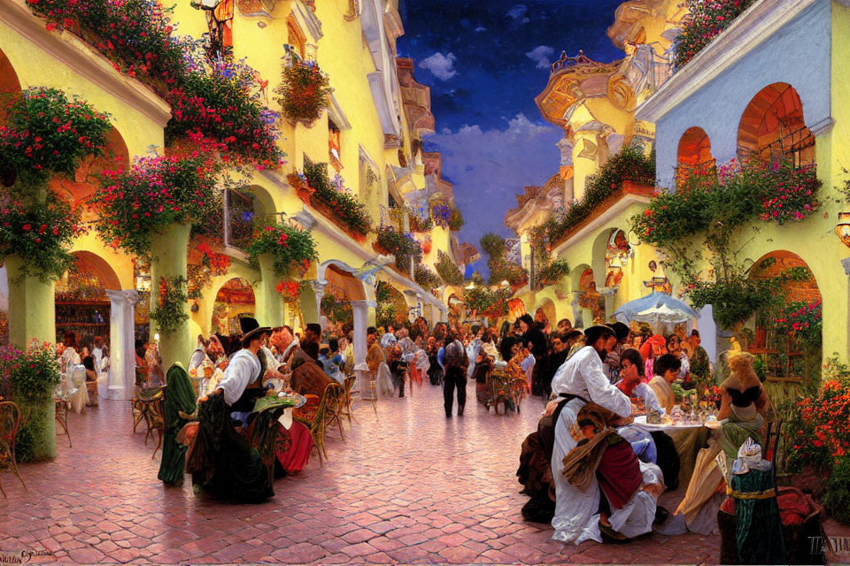 Vibrant European Street Scene with Outdoor Dining and Pedestrians