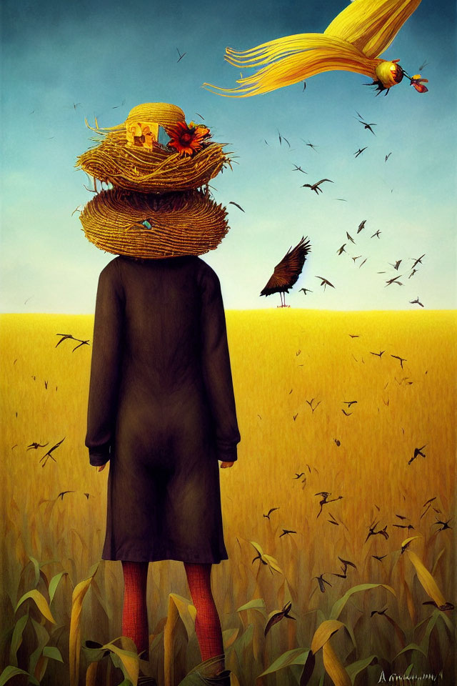 Artistic illustration of scarecrow figure in wheat field with blackbird and crows