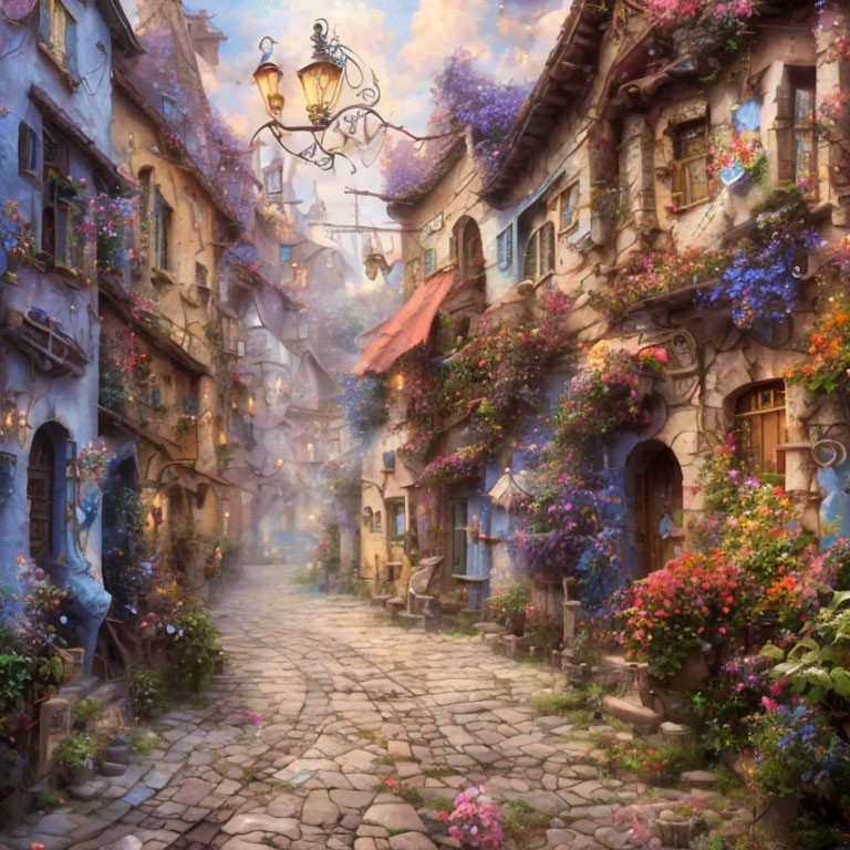 Whimsical stone houses on cobblestone street with vibrant flowers