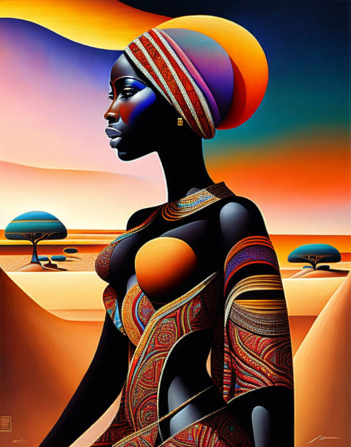 Stylized portrait of woman in patterned clothing against African landscape