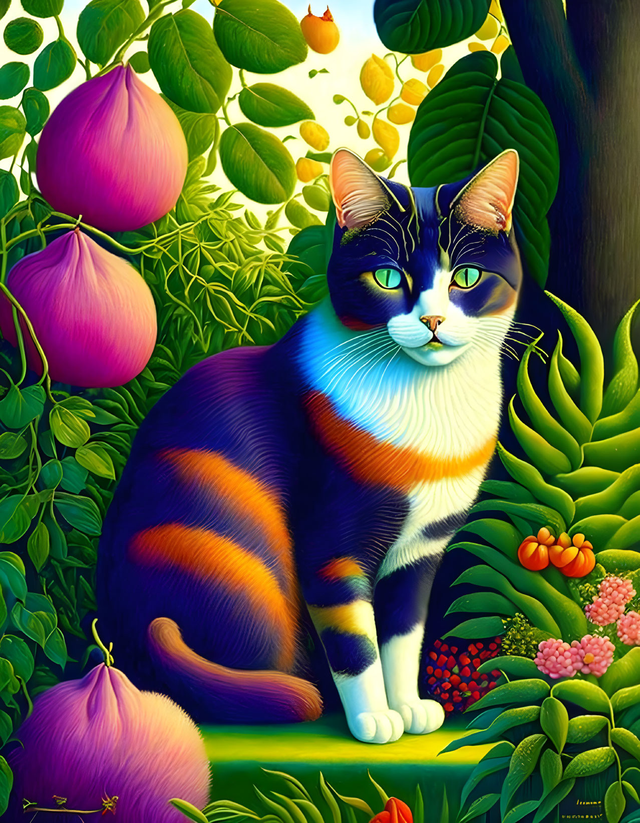 Vibrant garden scene with calico cat, figs, leaves, and berries