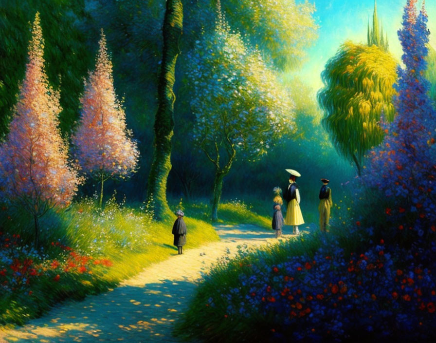 Colorful painting of people walking in lush garden with vibrant flowers and trees