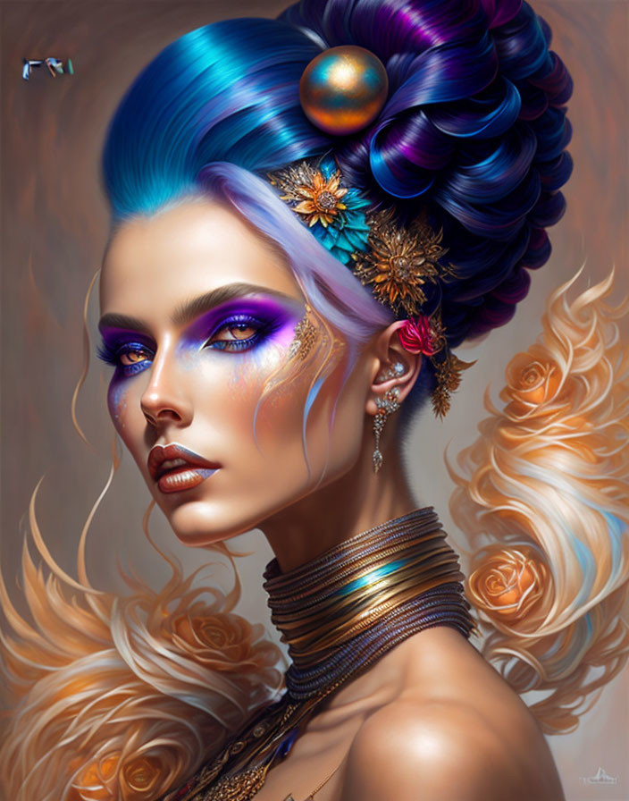 Vibrant blue hair woman with golden accessories and purple eyeshadow