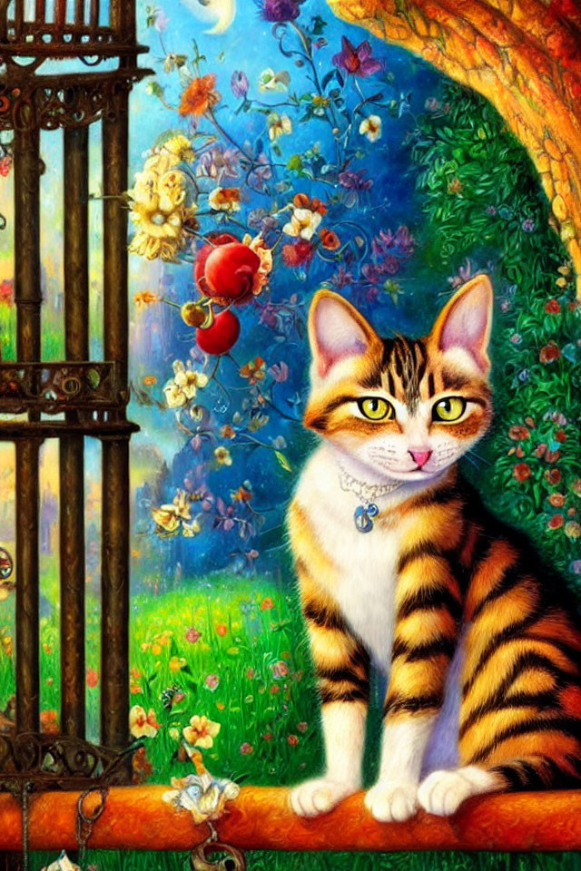 Colorful Cat Illustration in Whimsical Garden Setting