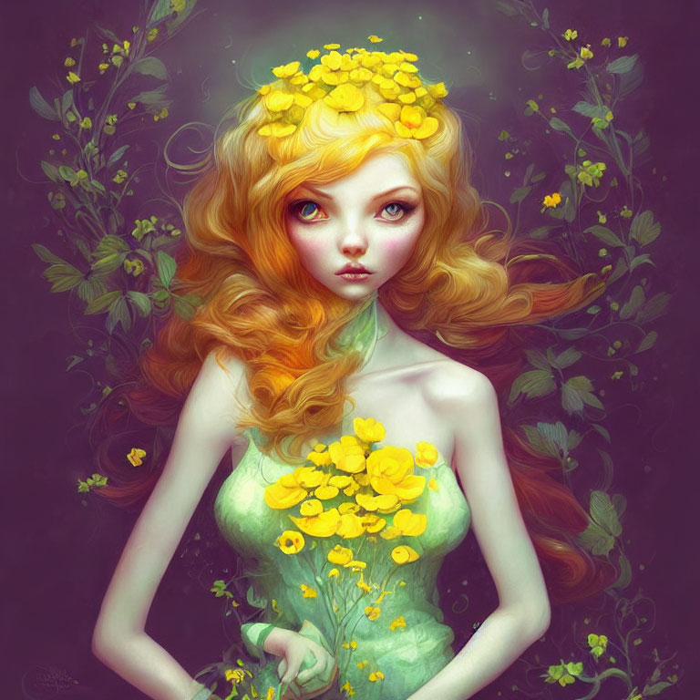 Stylized portrait of woman with golden-yellow flowers in hair, surrounded by greenery