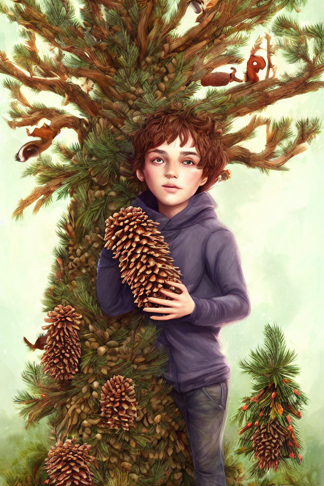 Child Holding Large Pine Cone Surrounded by Fantastical Scene