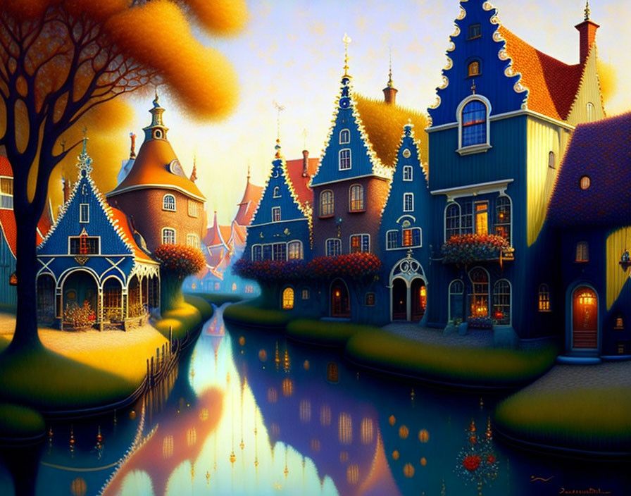 Colorful Whimsical Village Illustration with Stylized Houses and Canal