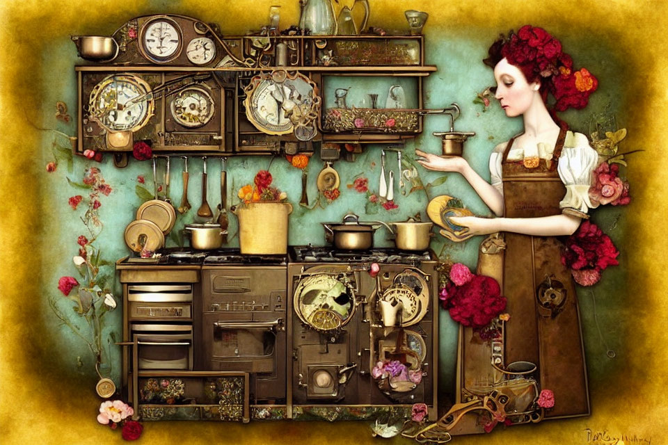 Steampunk-inspired vintage kitchen with brass utensils and intricate clocks.