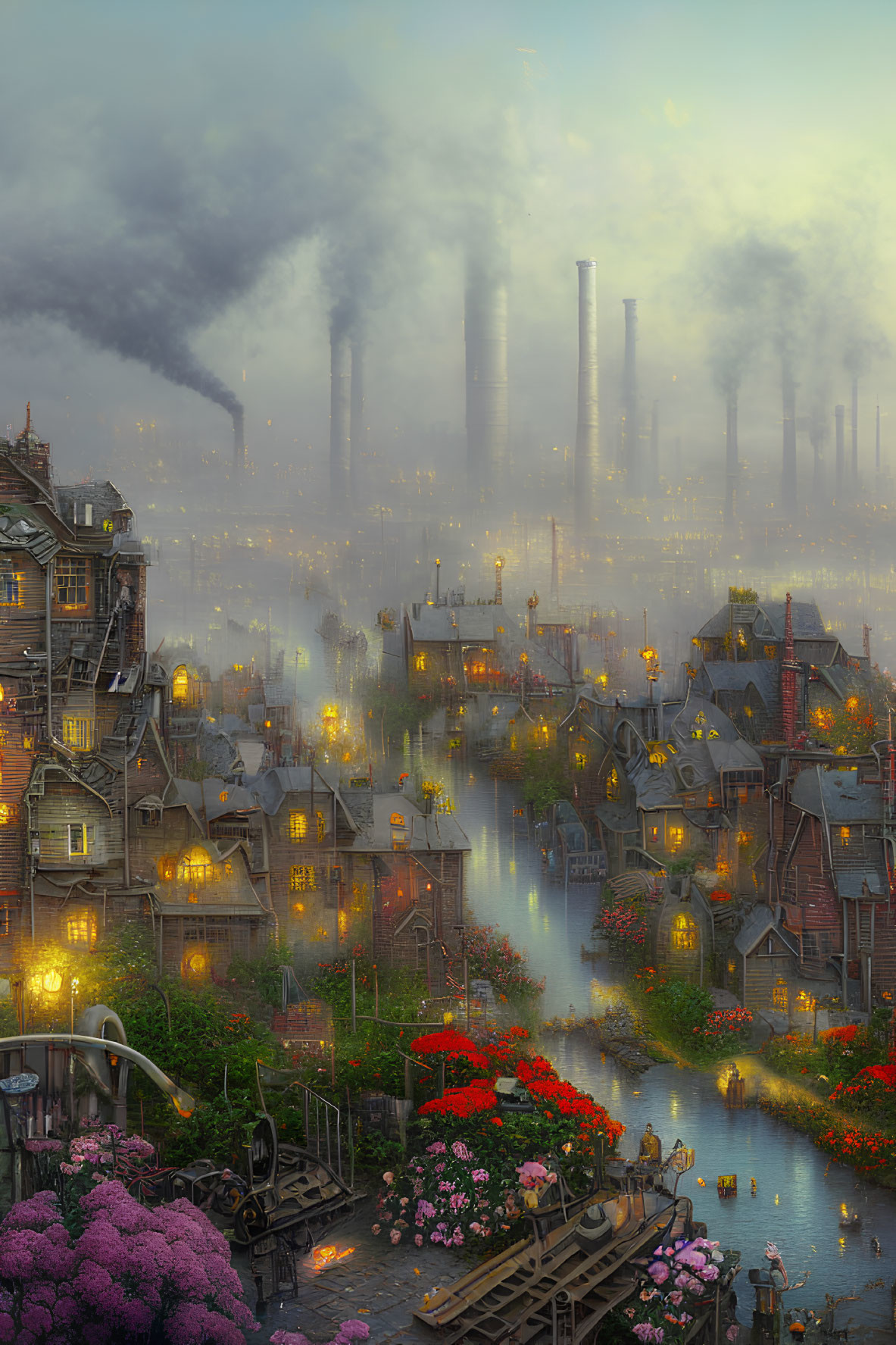 Industrial town with packed houses, blooming flowers, smokestacks, and golden twilight.