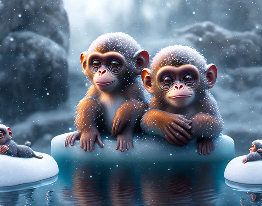 Cute monkeys in hot water pool