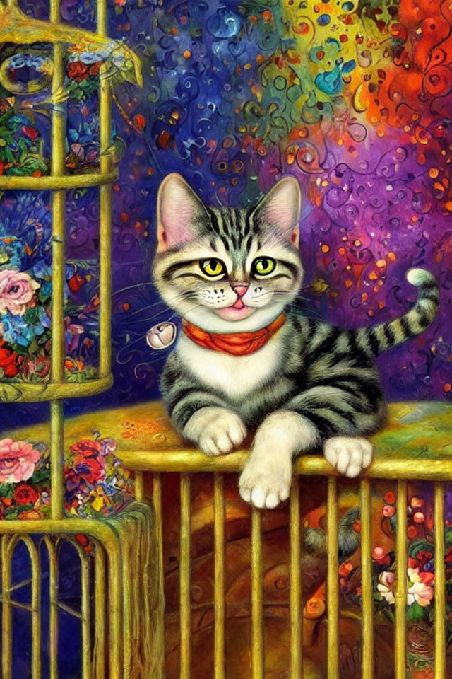 Colorful Illustration: Smiling Tabby Kitten on Golden Birdcage