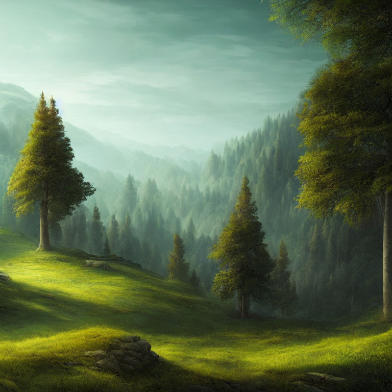 Ethereal landscape with lush greenery and misty hills