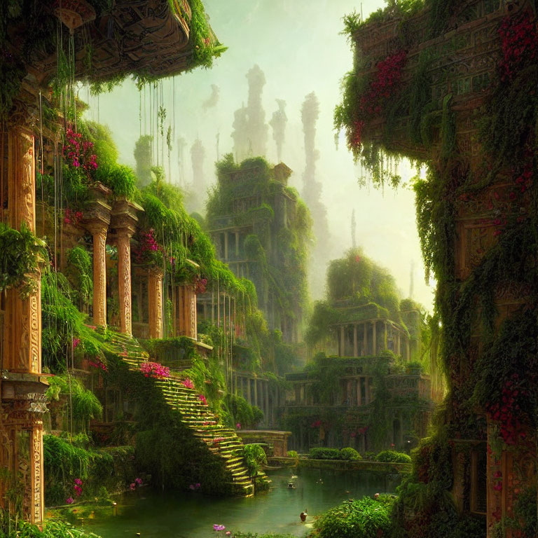 Green Overgrown Ancient Ruin with Blooming Flowers and Water Body