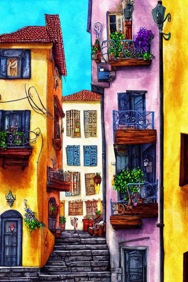 Colorful Watercolor Painting of European Alley with Cobblestone Stairway