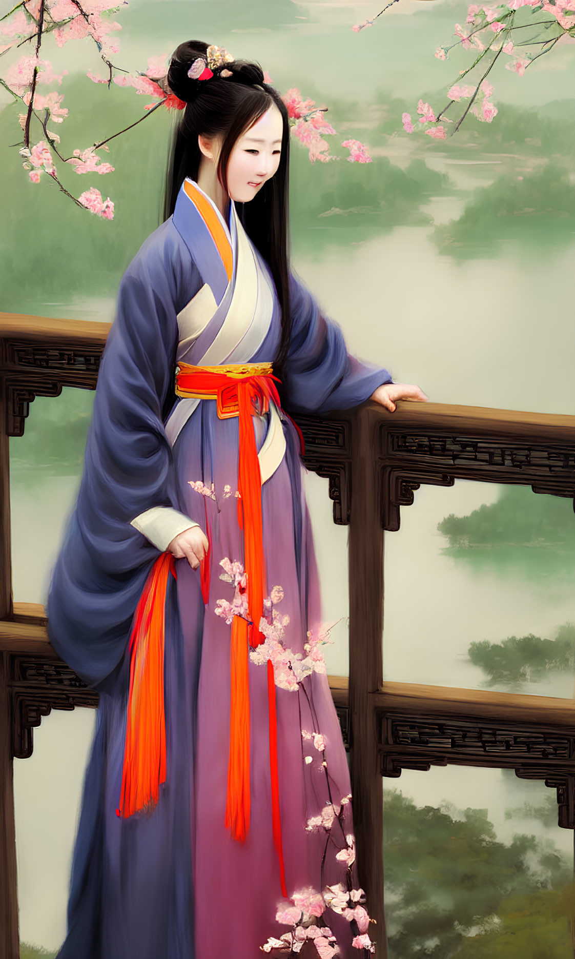 Traditional Asian attire woman on balcony with cherry blossoms