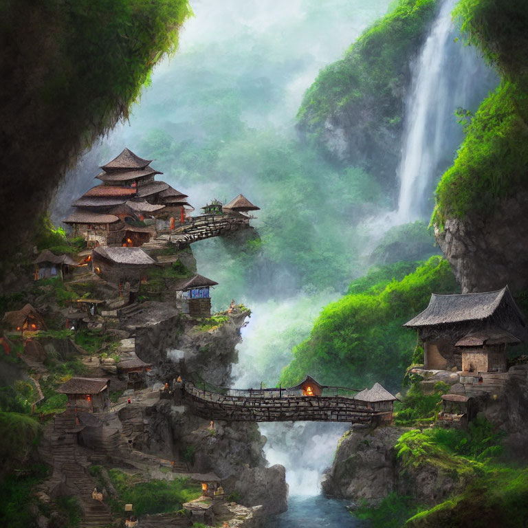 Tranquil fantasy village with wooden bridge, waterfall, and lush cliffs