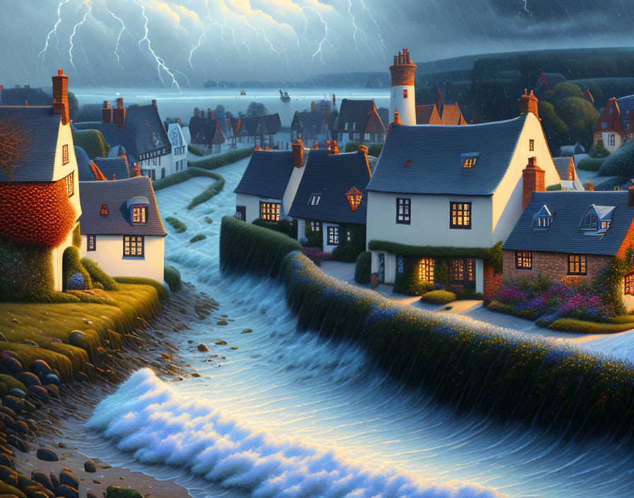 Village houses by stream turning into ocean wave in stormy sky