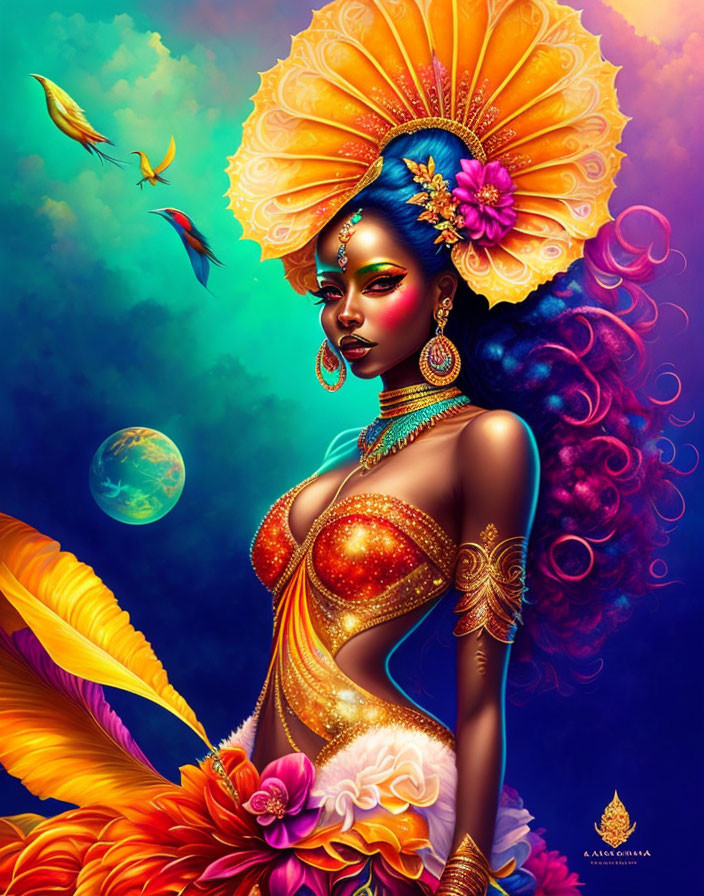 Colorful painting of woman with blue skin and exotic birds in celestial setting