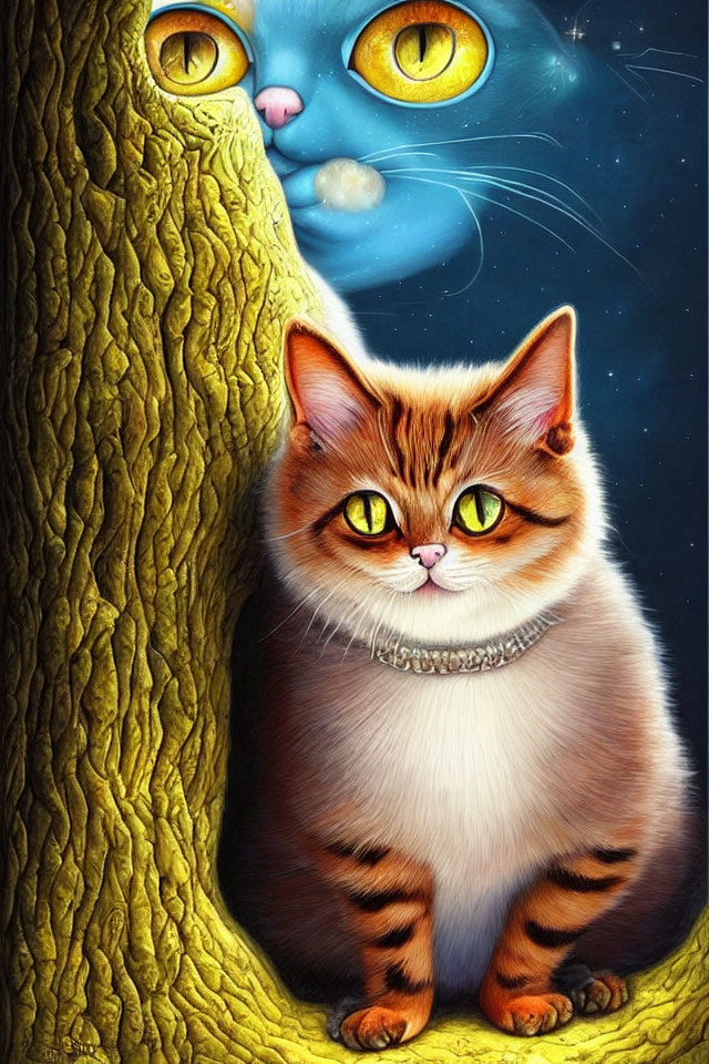 Whimsical illustration of orange and white cat with surreal blue cat face in background