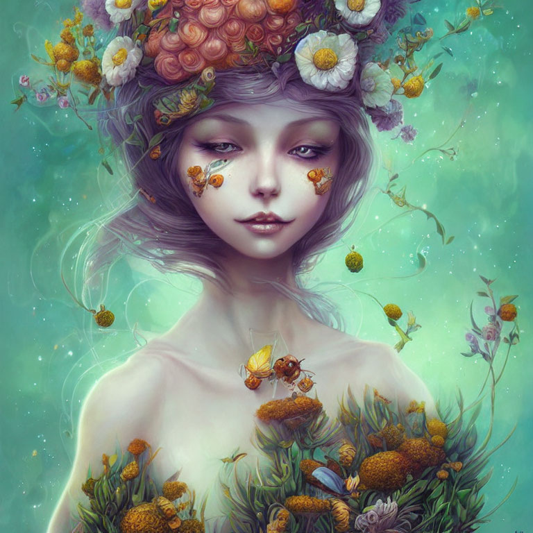 Fantasy illustration of woman with purple hair and floral crown against green backdrop