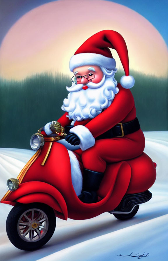 Santa Claus in Red Suit Riding Scooter in Snowy Landscape