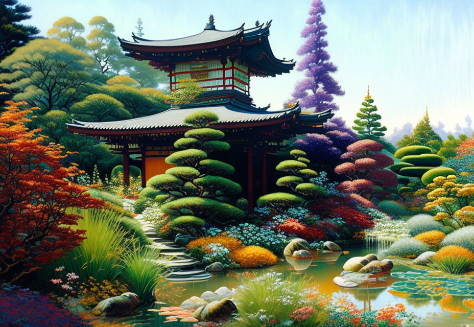 Traditional Japanese Garden with Pagoda, Colorful Flowers, Trimmed Bushes, and Tranquil Pond