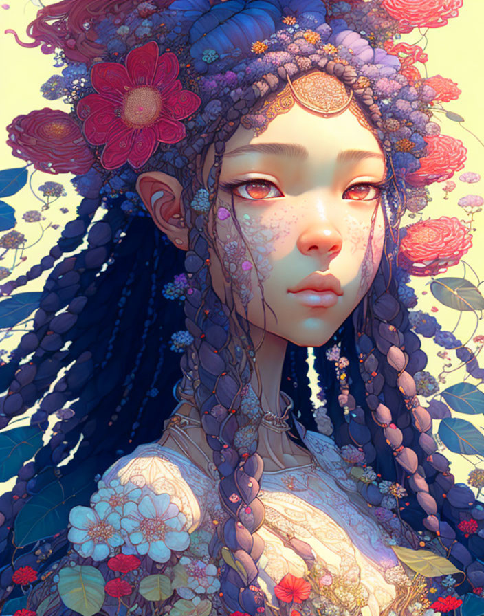 Girl with Braided Hair and Floral Adornments in Serene Illustration