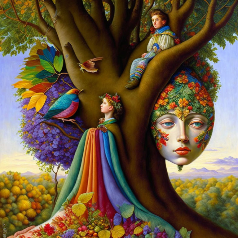 Surrealist painting: Tree with woman's face, child, birds, fruits