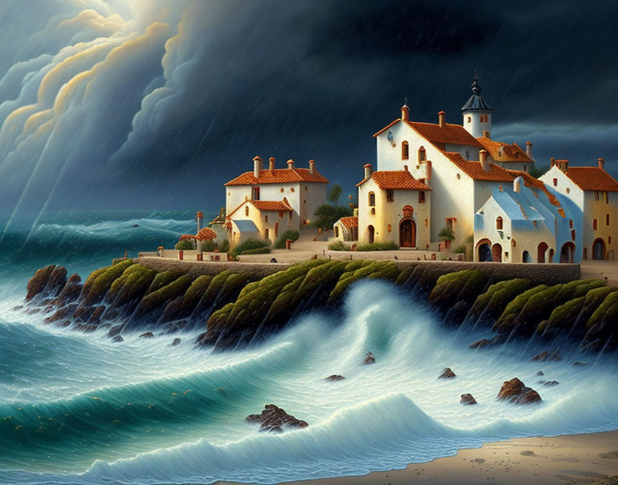 Scenic coastal village with white houses, lighthouse, stormy sea, and sunlight