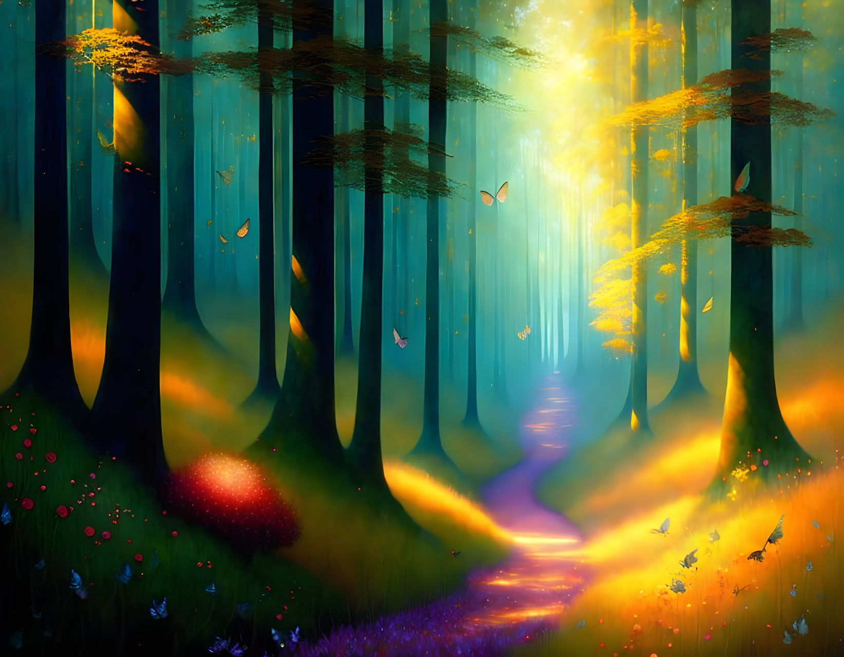 Enchanting forest scene: tall trees, glowing pathway, butterflies, warm light