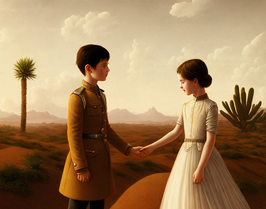 Children in formal attire holding hands in desert landscape with cacti and mountains under soft cloudy sky