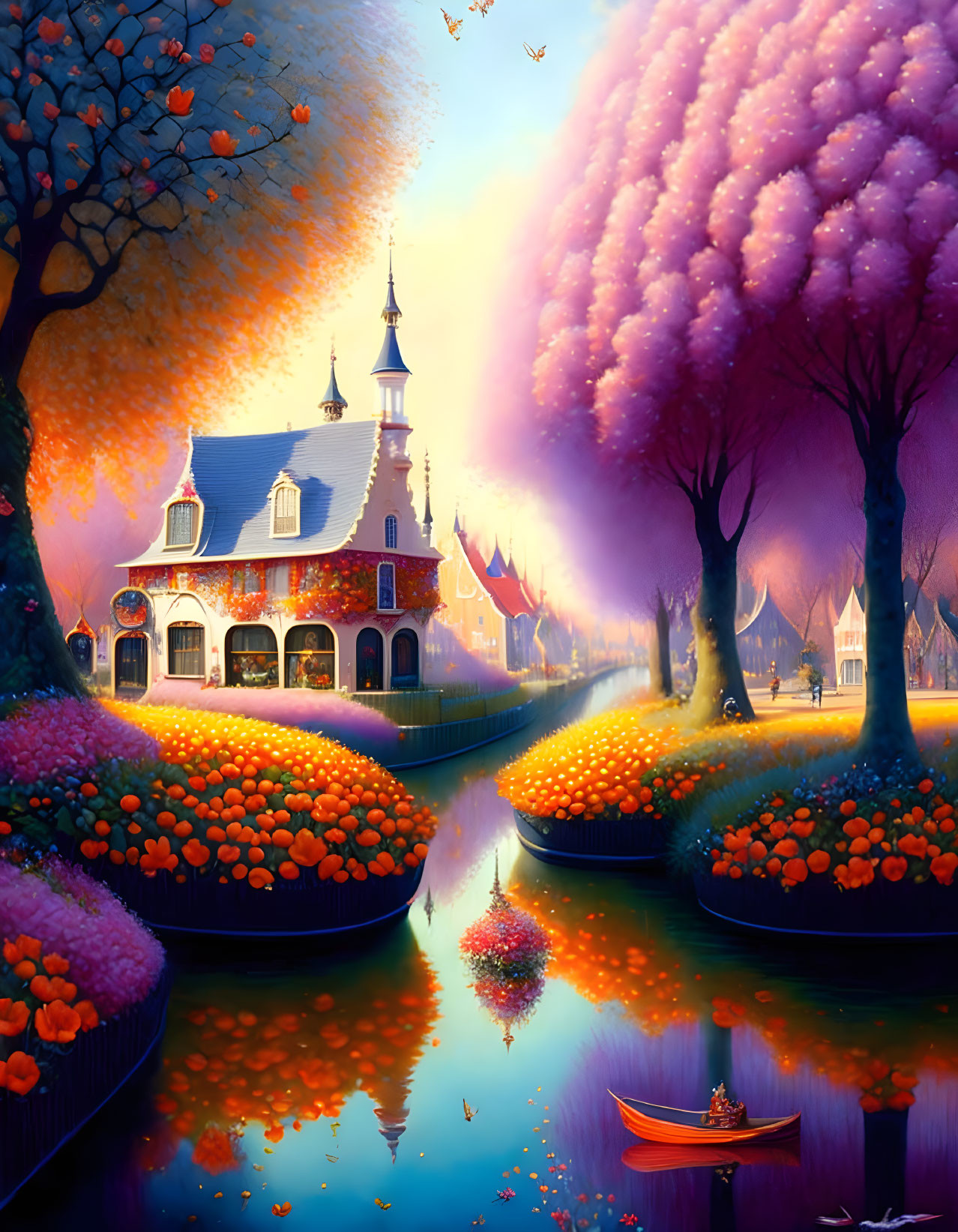 Colorful Village Painting with Flower-Lined Canal and Quaint House