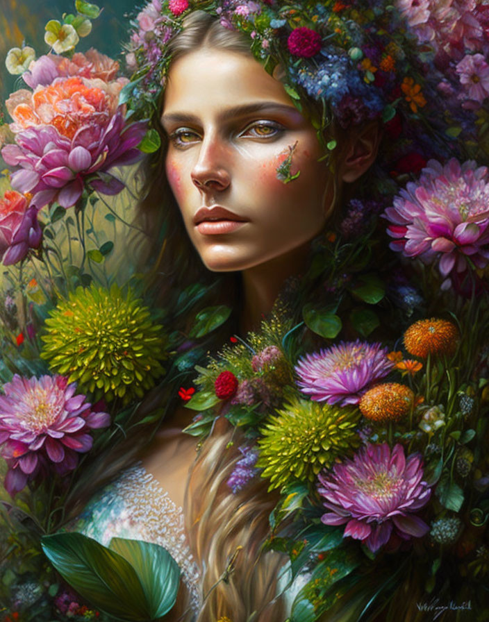 Woman portrait with serene expression and floral crown among vibrant flowers.