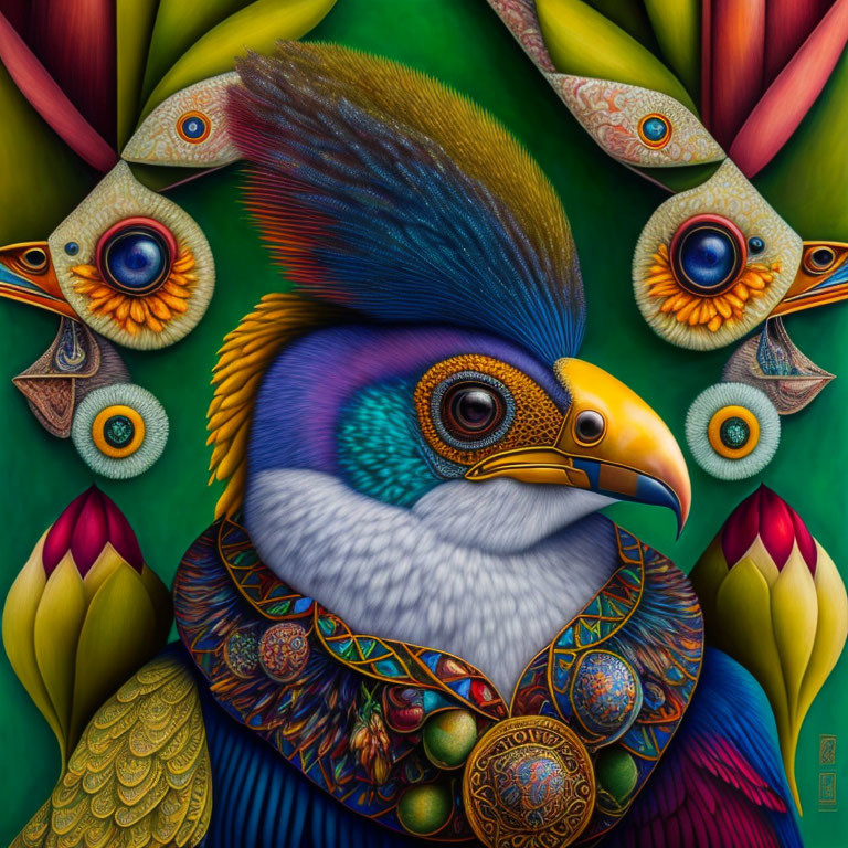 Colorful surreal peacock illustration with intricate patterns and multiple eyes on feathers.